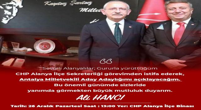 ALİ HANCI MİLLETVEKİLİ ADAY ADAYLIĞINI YARIN AÇIKLIYOR